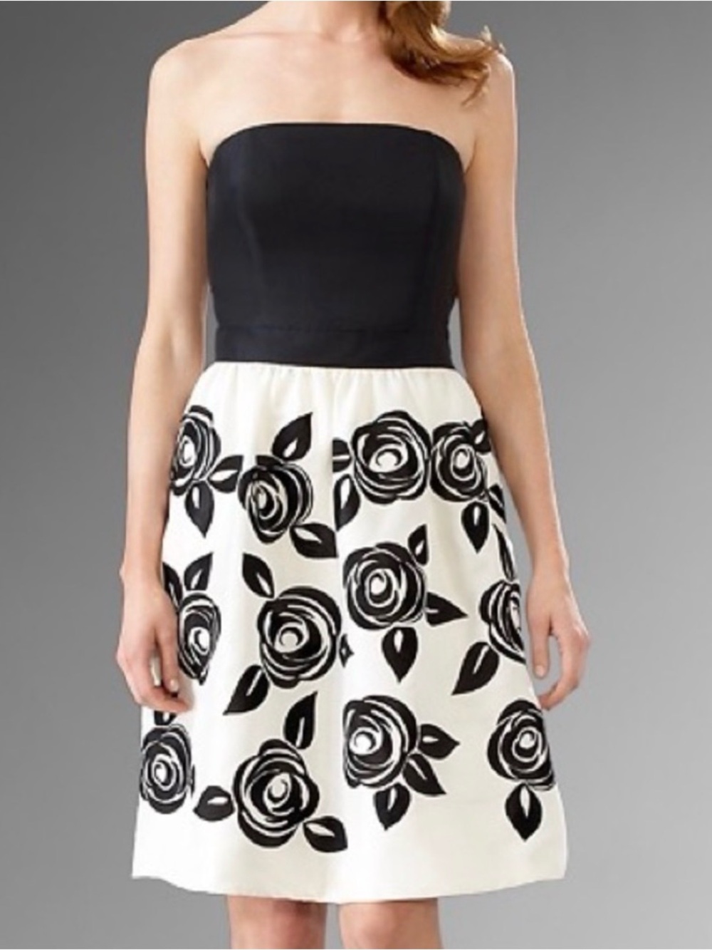 Strapless Black & White Floral Fit-and-Flare Dress